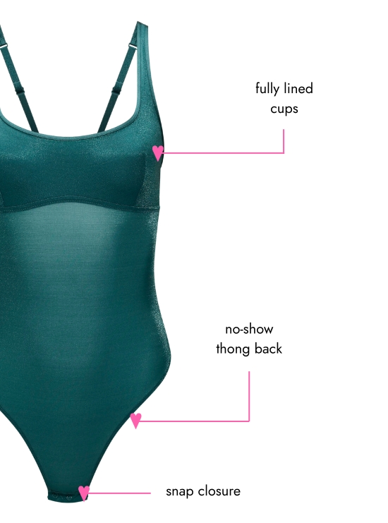 Fully lined cups. Snap closure. No-show thong back.