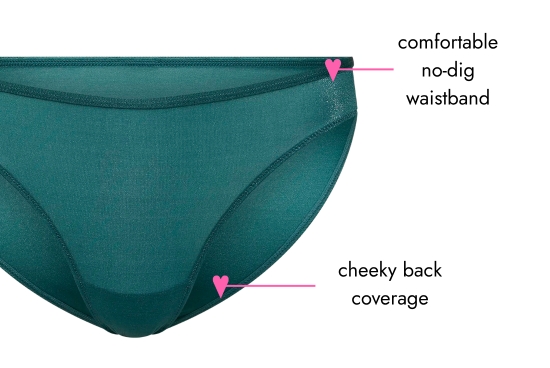 Comfortable no-dig waist. Cheeky band back coverage.