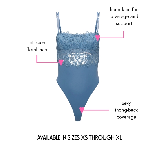 Lined lace for coverage and support. Intricate floral lace. Sexy thong-back coverage. AVAILABLE IN SIZES XS THROUGH XL.