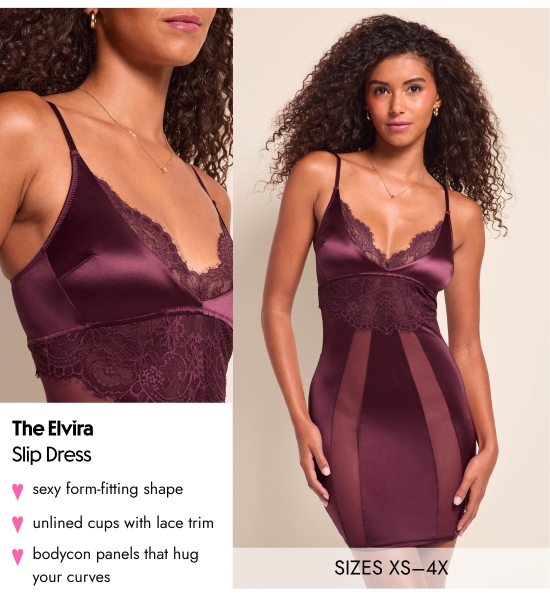 The Elvira Slip Dress. Sexy form-fitting shape, unlined cups with lace trim, bodycon panels that hug your curves. SIZES XS–4X