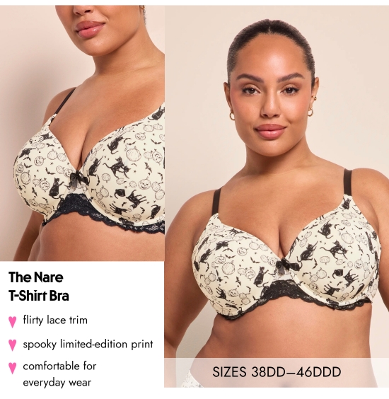 The Nare T-Shirt Bra. Flirty lace trim, spooky limited-edition print comfortable for everyday wear. SIZES 38DD–46DDD