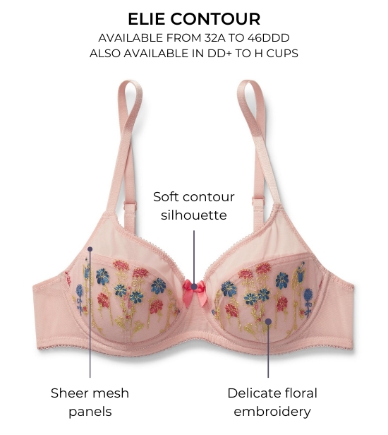 ELIE CONTOUR - AVAILABLE FROM 32A TO 46DDD - ALSO AVAILABLE IN DD+ TO H CUPS - Delicate floral embroidery - Soft contour silhouette - Sheer mesh panels