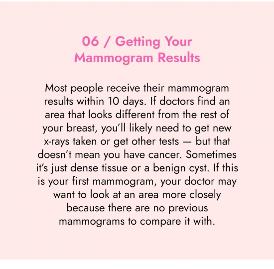 Getting your mammograms results. Most people receive their mammogram results within 10 days. If doctors find an area that looks different form the rest of your breast, you will likely need to get new x-ray taken or get another tests - but that does not mean you have cancer. Sometimes it is just dense tissue or benign cyst.