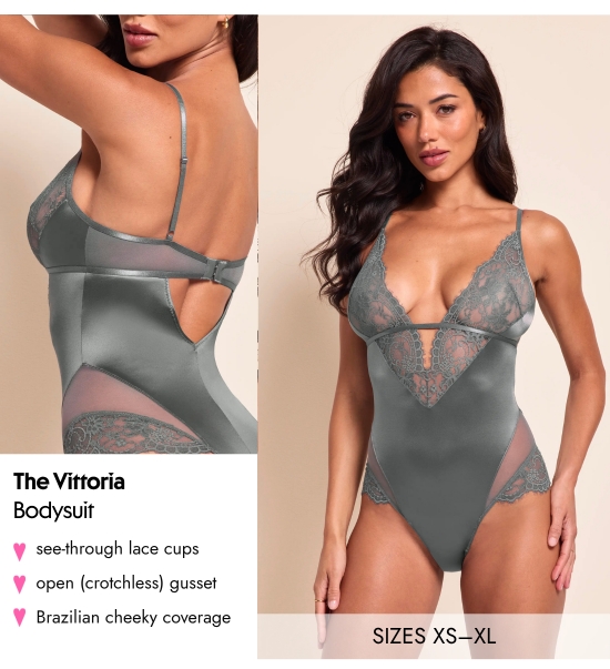 The Vittoria Bodysuit - SIZES Xs–XL. See-through lace cups, open crotchless gusset, Brazilian cheeky coverage
