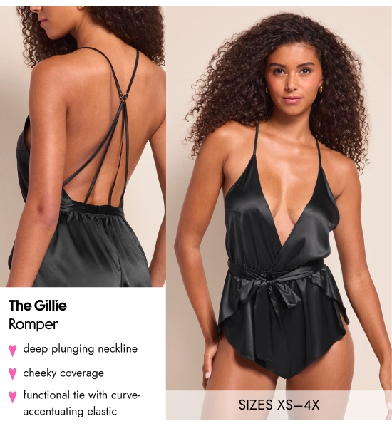 The Gillie Romper - SIZES XS–4X. Deep plunging neckline, cheeky coverage, functional tie with curve-accentuating elastic