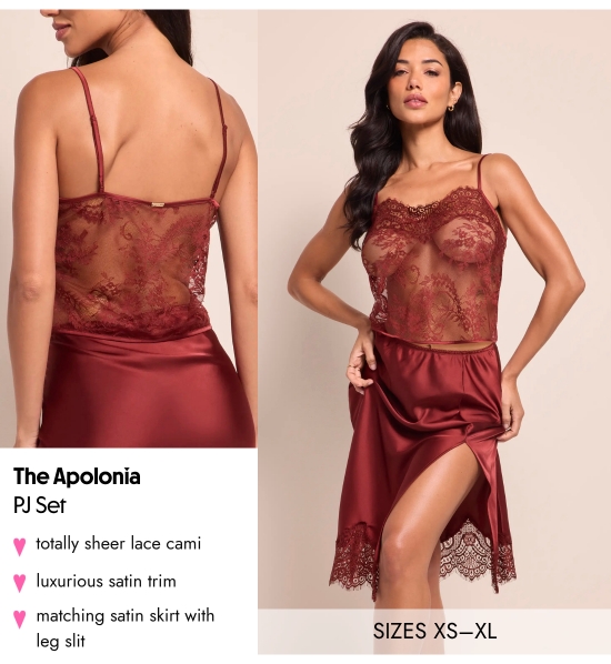 The Apolonia Pj Set - SIZES Xs–XL. Totally sheer lace cami, luxurious satin trim, matching satin skirt with leg slit