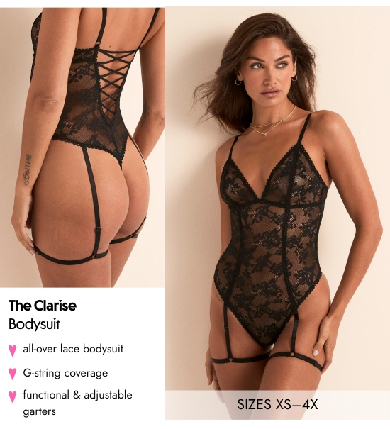The Clarise Bodysuit - SIZES XS–4X. All-over lace bodysuit, G-string coverage functional and adjustable garters