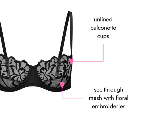 Unlined balconette cups, see-through mesh with floral embroideries