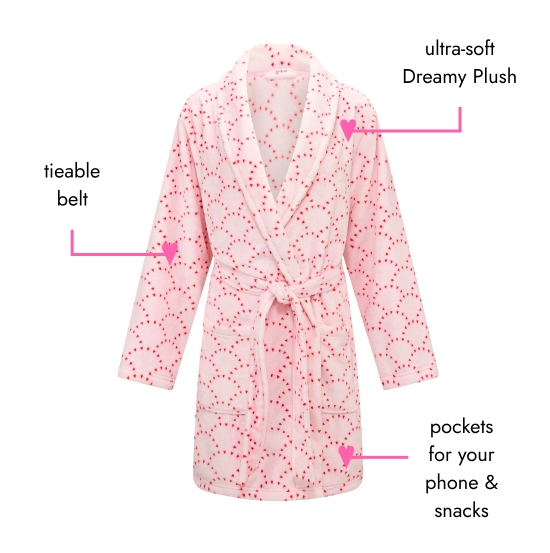 Tieable belt, ultra-soft Dreamy Plush, pockets for your phone and snacks.